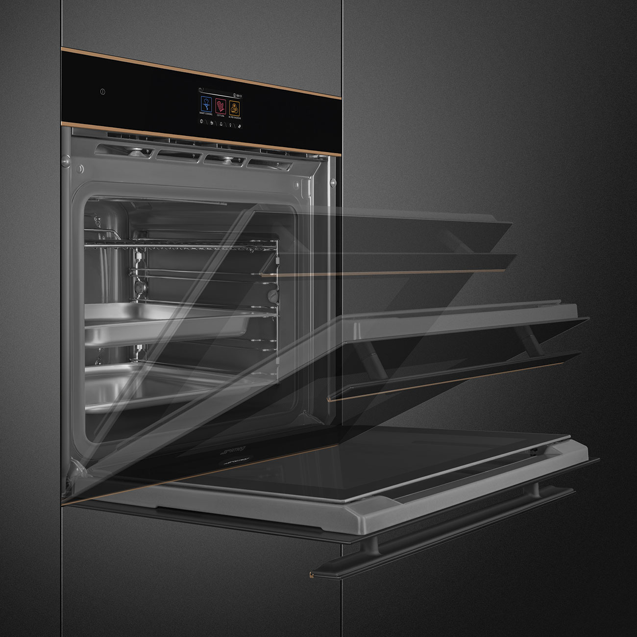 Chi tiết hoàn thiện đồng Dolce Stil Novo lò Smeg SO6604S4PNR