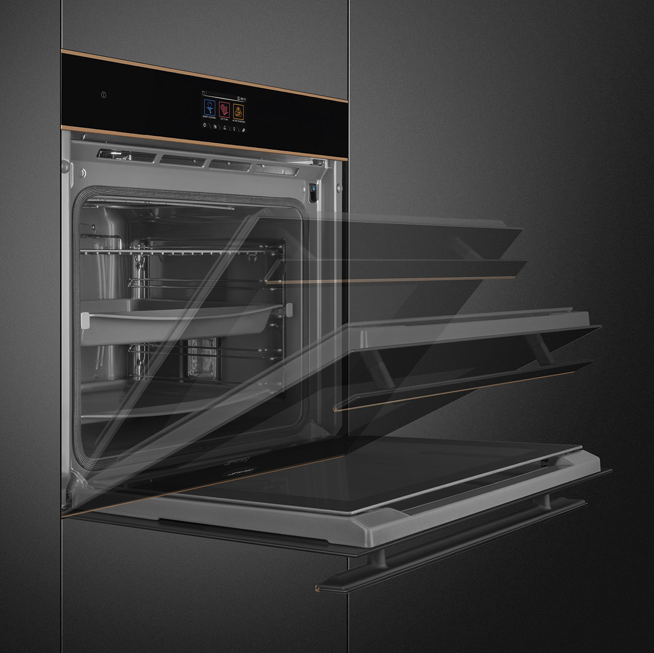 Chi tiết hoàn thiện đồng Dolce Stil Novo lò Smeg SOP6604S2PNR